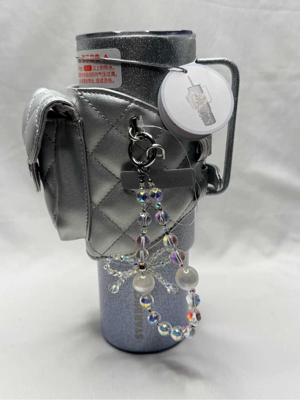 Starbucks Silver Glitter Tumbler with Quilted Pouch & Beaded Charm 16 oz New NWT